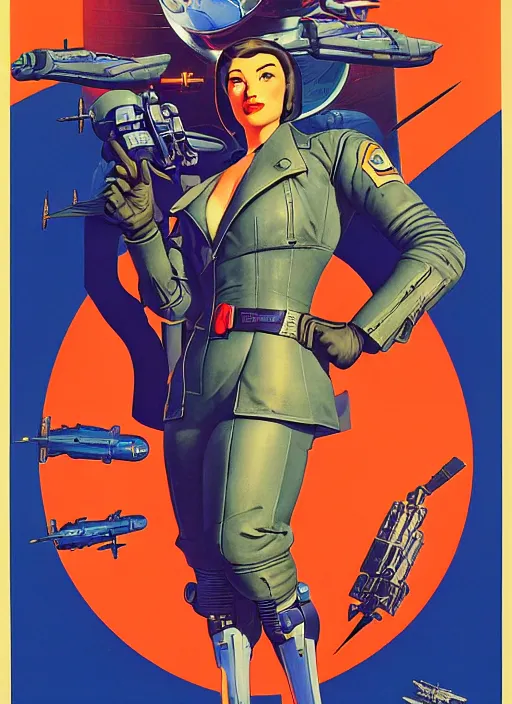 Prompt: american propaganda poster. powerful cyberpunk pilot. portrait by jean giraud and anton otto fischer and john philip falter and will eisner and gil elvgren and pixar. full body. realistic proportions. science fiction d & d. overwatch, rb 6 s, cyberpunk 2 0 7 7, blade runner 2 0 4 9. cel shading. thick lines.