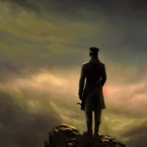 Image similar to dark-skinned man standing tall on a cliff fog clouds clothed in military uniform holding sword in the style of CASPAR DAVID FRIEDRICH techno atmosphere colourful beautiful image, brush strokes, pastel, artstation deviantart acrylic