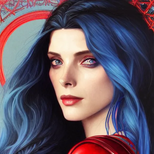 Image similar to Ashley Greene with blue hair as Scarlet Witch, western, D&D, fantasy, intricate, elegant, highly detailed, digital painting, artstation, concept art, matte, sharp focus, illustration, art by Artgerm and Greg Rutkowski and Alphonse Mucha