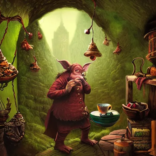 Image similar to goblin tea merchant in his grotto, realistic fantasy painting, cinematic