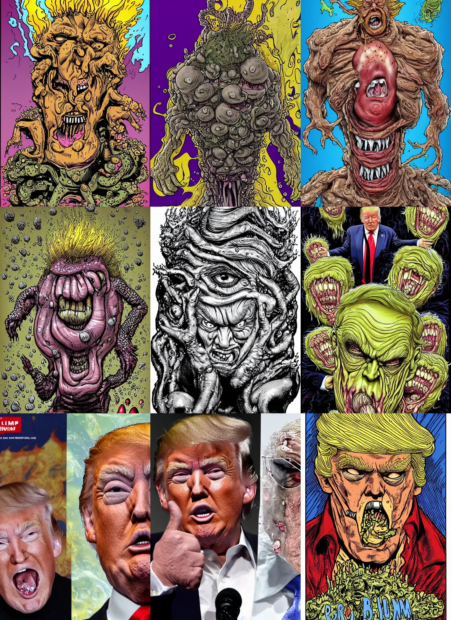 Prompt: donald trump's disgusting true form bursting from within, gross, slimy, sleazy, pustules, high details, intricate details, by stan lee
