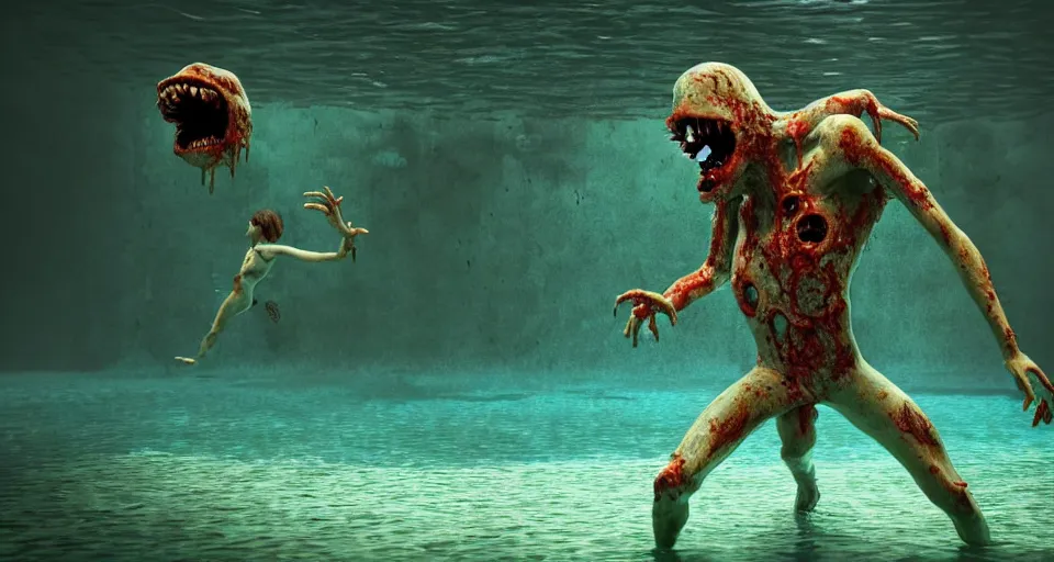 Image similar to highly detailed full body portrait of a zombie swimming underwater in a zombie - apocalypse, in a swimming pool, style of plants vs zombies, octane render