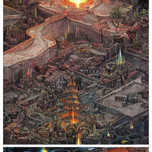 Prompt: a fortified volcano city, mega-architecture, furnaces burning, giant walls by Mohrbacher and Moebius and Alphonse Muchas