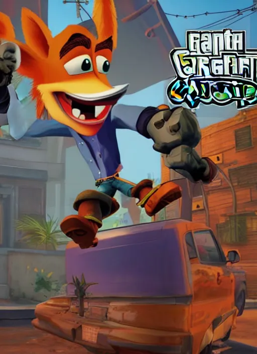 Prompt: Crash Bandicoot as a gangster in GTA V, Cover Art by Stephen Bliss, Boxart, Loading Screen. 8k Resolution