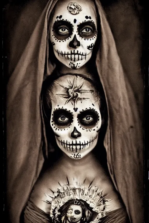 Image similar to tintype virgin mary in dia de muertos dress and make up, horrific beautiful vibe, evocative, atmospheric lighting, painted, intricate, highly detailed,