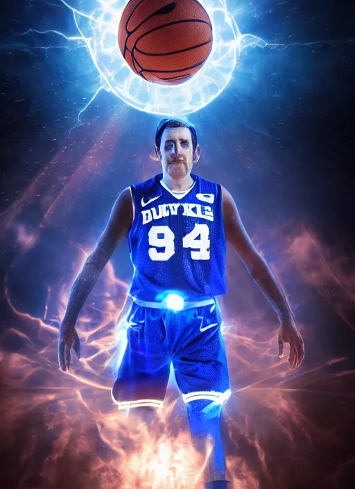 Image similar to portrait photography of mike krzyzewski as the god king emperor, blue devils, basketball, glowing, divinity power, volumetric light, unreal engine 5