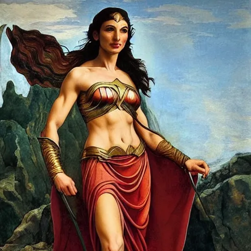 Image similar to Full body oil painting of the beautiful woman Gal Gadot, she is wearing some withe ancient roman cloths and a surreal ornate, her hair is natural disheveled, she is approaching heaven, people are claiming for her, she is attracting lightnings, naturalism, dramatic lighting, high-detailed oil painting by Ilya Repin, Michelangelo da Caravaggio, William Blake, Alex Grey and Beksinski, trending on Artsatio, hystorical painting, masterpiece, 4k, 8k,