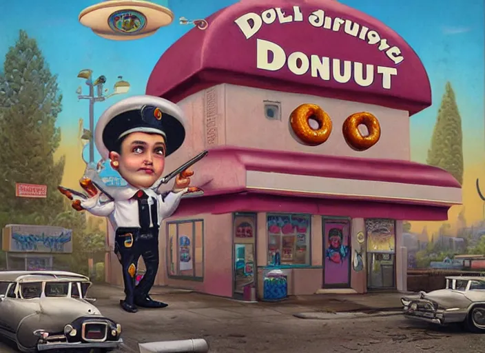 Image similar to the donut cop, lowbrow, matte painting, 3 - d highly detailed, in the style of mark ryden,