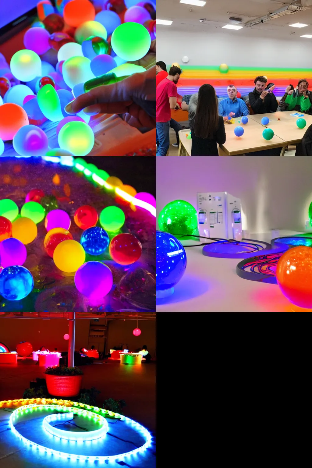 Prompt: goulash programming night, hacker event, rainbow led lights, plastic ball pool