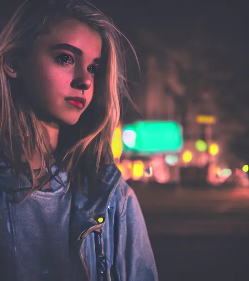 Image similar to portrait of young woman lowlight neon lights, cinematic,4k,35mm,street photo, epic