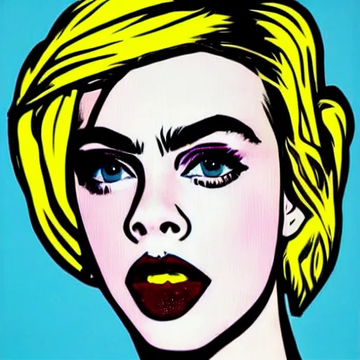 Image similar to pop art portrait of cara delevingne by roy lichtenstein and warhol