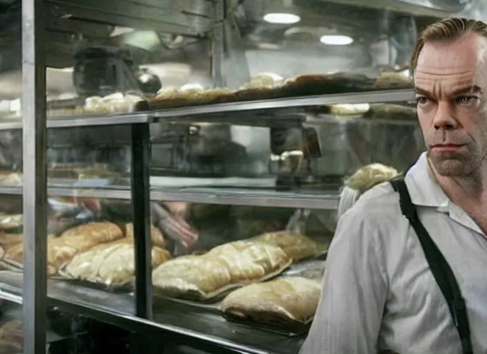 Image similar to film still of young hugo weaving as agent smith working in a bakery in the new matrix movie, 4 k