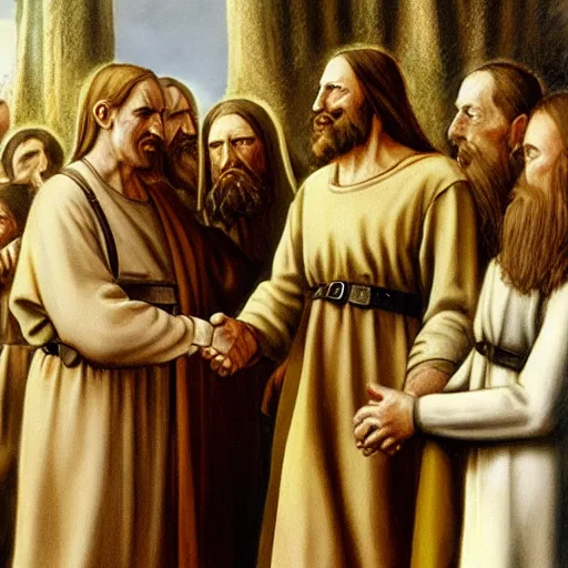 Image similar to hitler handshakes jesus hd, realistic, by da vinci