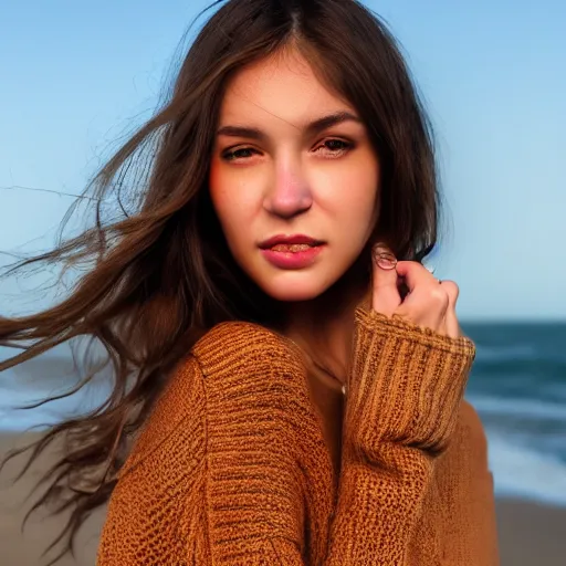 Prompt: real life photo of a beautiful girl, full body photoshoot, long brown hair, brown eyes, full round face, short smile, belly free, brown sweater, beach setting, cinematic lightning, medium shot, mid - shot, highly detailed, trending on artstation, unreal engine 4 k, 8 0 mm, 8 5 mm, cinematic wallpaper
