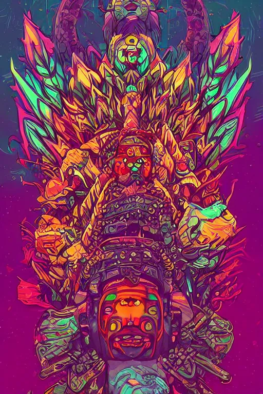 Image similar to totem animal tribal chaman vodoo mask feather gemstone plant wood rock video game illustration vivid color borderlands by josan gonzales and dan mumford radiating a glowing aura