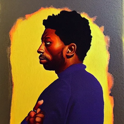Image similar to painting of a tranquil 21 savage standing close to camera in the style of flooko, acrylic, twilight, glows, detailed,