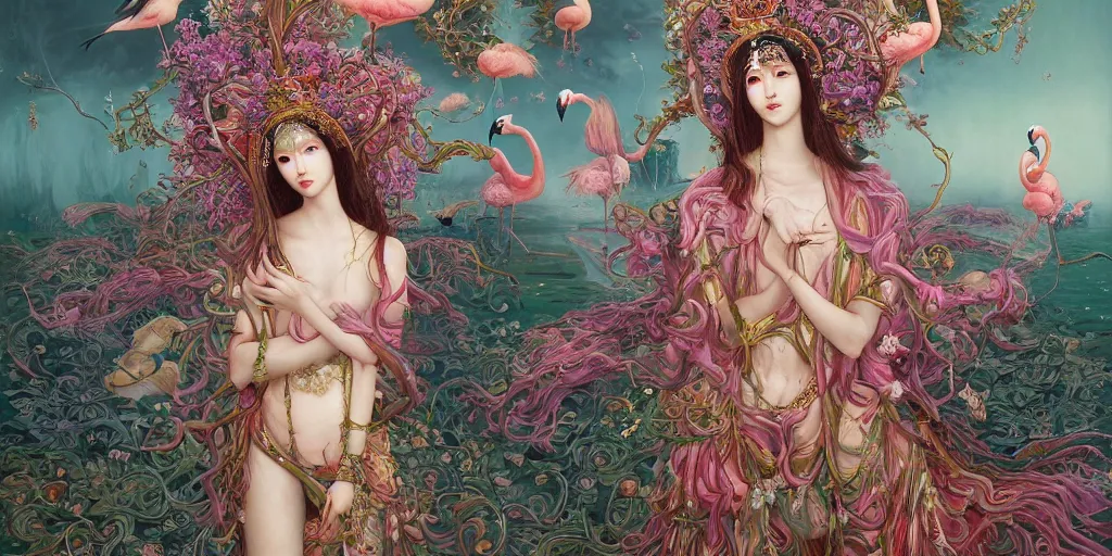 Image similar to breathtaking detailed weird concept art painting of the goddess of flamingo, orthodox saint, with anxious, piercing eyes, ornate background, epic composition, amalgamation of leaves and flowers, by Hsiao-Ron Cheng and John James Audubon and Miho Hirano, extremely moody lighting, 8K