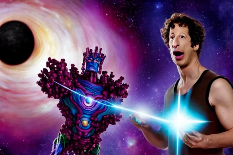 Image similar to a cinematic still of ((andy samberg)) ferociously eating a galaxy, galactus!!!!, masterpiece, (monster), (empty black void)