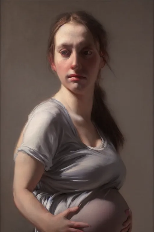 Image similar to pregnant woman in t-shirt by Alyssa Monks, Franz Xaver Winterhalter. full-shot, urban dystopia, hyper realism, realistic proportions, dramatic lighting, high detail 4k