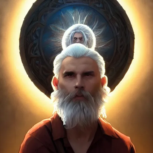 Image similar to a man with white hair and beard, wearing nomadic clothing holding a soul jar portrait, backlight, rim lighting, deep focus, d & d, fantasy, intricate, elegant, highly detailed, digital painting, artstation, concept art, matte, centered, sharp focus, illustration, hearthstone, art by artgerm, greg rutkowski and alphonse mucha