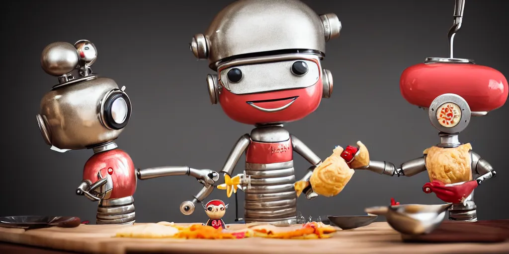 Image similar to closeup portrait of tin toy retro robot chef cooking pastry in a kitchen, depth of field, zeiss lens, detailed, centered, fashion photoshoot, by nicoletta ceccoli, mark ryden, lostfish, breathtaking, 8 k resolution, extremely detailed, beautiful, establishing shot, artistic, hyperrealistic, octane render