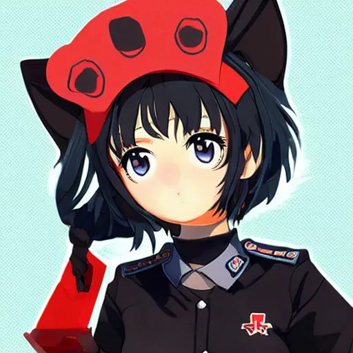 Image similar to digital artwork of adult female anime character with cat ears wearing soviet era uniform, wearing a tshirt with a face of karl marx on it, in the style of krenz cushart