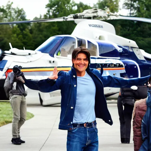 Prompt: Tom Cruise waving to fans. He's wearing blue jeans and a green jacket, Ralph Lauren. A helicopter is in the background. Shallow depth of field