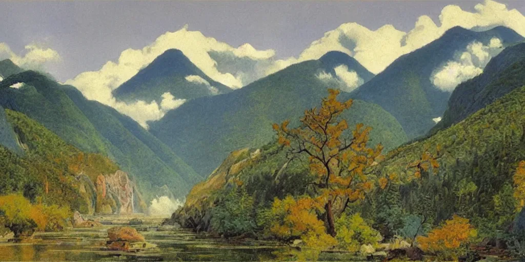 Image similar to art by abbott fuller graves of the cinematic view of the jiuzhaigou valley forest