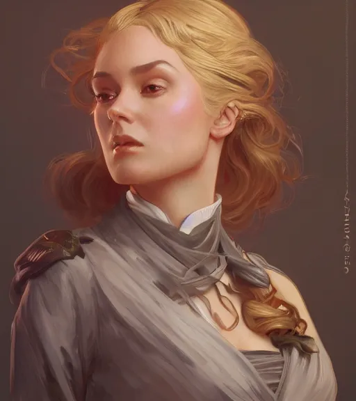 Image similar to a girl wearing a golden dress, grey hair, red necktie, cinematic, stunning, highly detailed, digital painting, artstation, smooth, hard focus, full body shot, illustration, art by artgerm and greg rutkowski and alphonse mucha