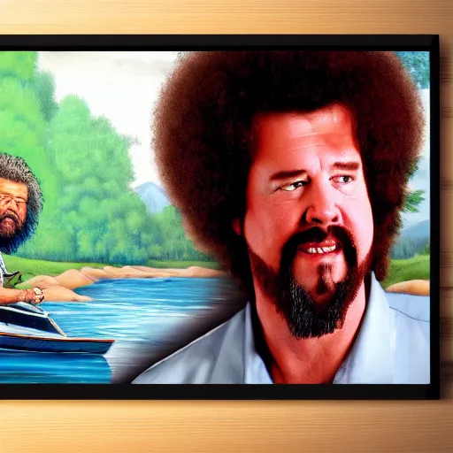 Image similar to a closeup photorealistic photograph of bob ross detailing a canvas painting of kenny powers. film still. brightly lit scene. this 4 k hd image is trending on artstation, featured on behance, well - rendered, extra crisp, features intricate detail, epic composition and the style of unreal engine.