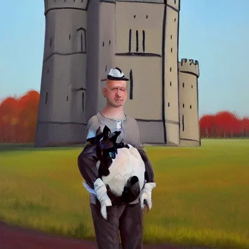 Image similar to painting by larsson, cow, dressed, anthropomorphic!!, wearing!!! clothes!!!, standing next to royal castle!!!