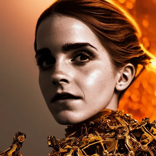 Prompt: beatifull closeup of face shoulders of biomechanical emma watson fire crystal sculpture, fractal, intricate, elegant, highly detailed, ornate, elegant, luxury, beautifully lit, ray trace grinning vogue fashion shoot by peter lindbergh fashion poses detailed, saturated tokyo neon lighting, blade runner, golden hour, professional photograph by peter gric styling