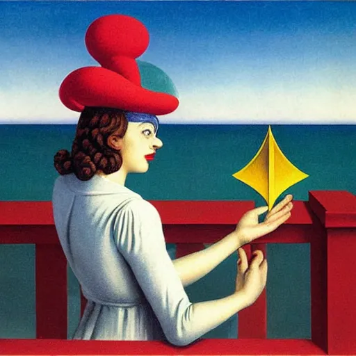 Prompt: A girl with jester hat and clothes on the front of a Balustrade with a beach on the background, major arcana cards, by Rene Magritte, hyperrealistic