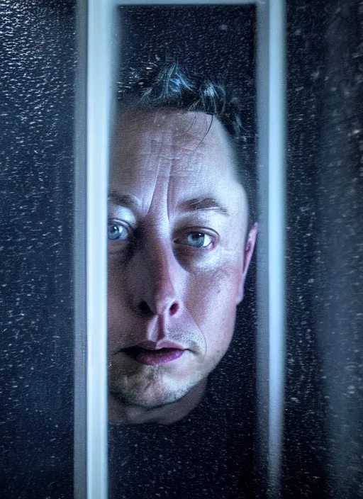 Image similar to dark photo of dark blue rainy bedroom window at night, dimly lit creepy face of elon musk staring in through the window, horror, scary face,