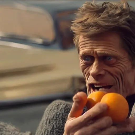 Prompt: Willem Dafoe in a sweater, with a confused face holding oranges on two outstretched hands, against the background of a retro car, focus on the foreground, realism, details,