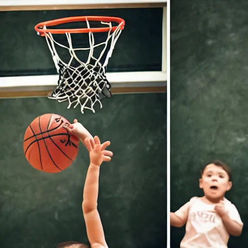 Image similar to a baby dunking a basketball, dramatic action photography