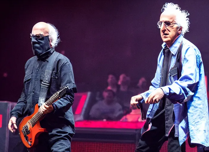 Image similar to publicity photo still of larry david touring with slipknot live on stage, 8 k, live concert lighting, mid shot