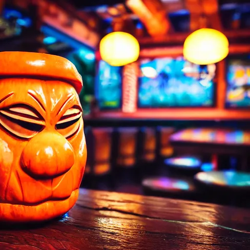 Prompt: a closeup photorealistic photograph of an orange garfield style tiki mug at a trader vic's bar with garfield's face on the front. tiki party. bright scene. fine detail. this 4 k hd image is trending on artstation, featured on behance, well - rendered, extra crisp, features intricate detail, epic composition and the style of unreal engine.