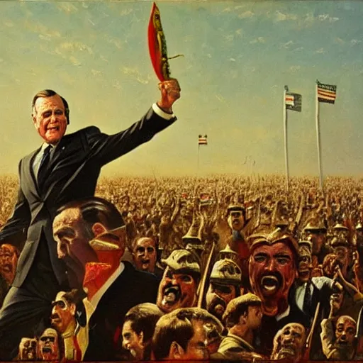 Image similar to Giant George H.W. Bush terrorizes Iraq, oil on canvas, 1883