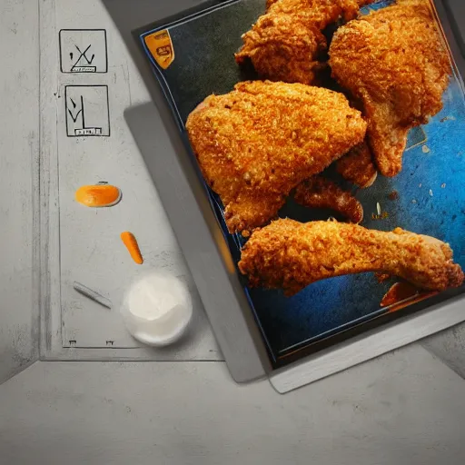 Image similar to chicken fried on a computer cpu plate, food, poster, orthographic, octane