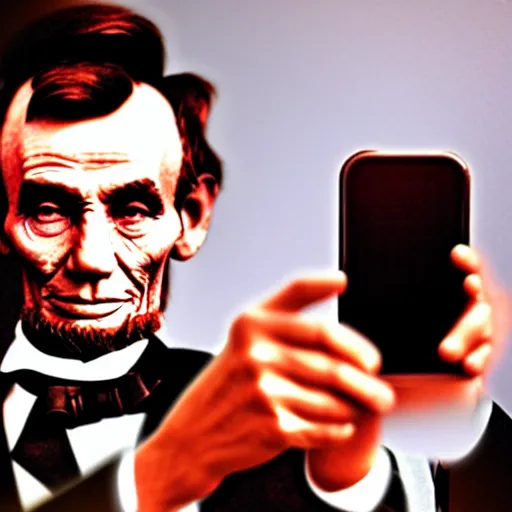 Prompt: Abraham Lincoln photographed taking a selfie with his iPhone