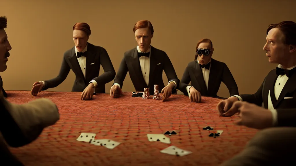 Image similar to hyperrealism simulation highly detailed human turtles'wearing detailed tuxedos and smoking, playing poker in surreal scene from renaissance movie from future by wes anderson and denis villeneuve and mike winkelmann rendered in blender and octane render