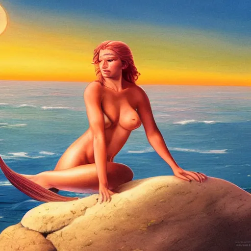 Image similar to a beautiful photo of a mermaid sits on a rock and stares at the island, sunset lighting, hyper realistic, 1 0 5 mm, style by boris vallejo, amazing