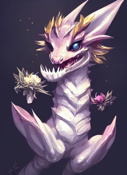 Prompt: cute small dragon, black, white, blue, pink and gold color scheme, flowers, cool, highly detailed, artgerm, cushart krenz, artstation, soft light, sharp focus, illustration, character design, concept art