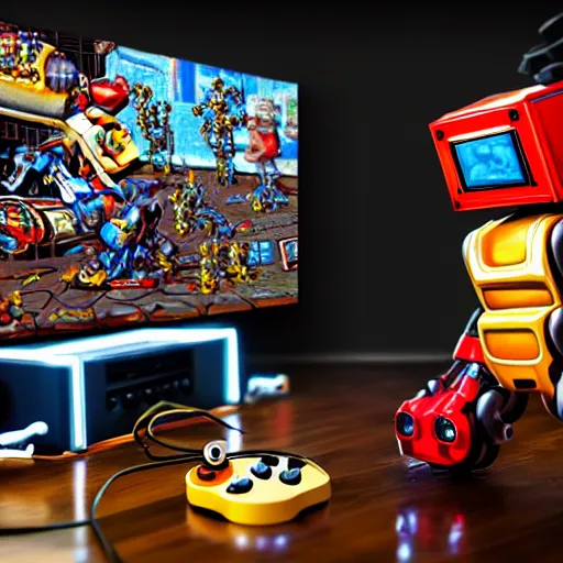 Prompt: an elaborate robot holding a retro game controller in its hand, on screen old video game shown in background, intricate details, hyperrealistic oil painting on canvas, deep depth field, hd, hdr, 4 k, 8 k,