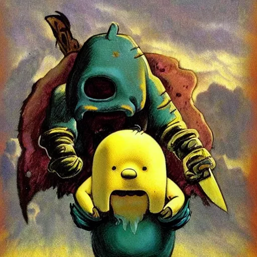 Prompt: “Finn and jake from adventure time, heavy metal dark painting by frank frazetta”