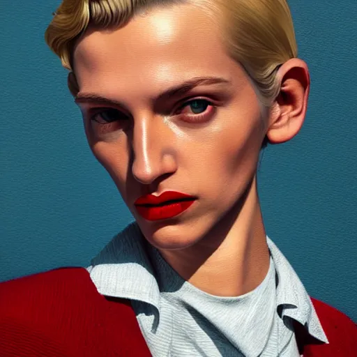 Image similar to A Hearts of Iron IV portrait of a blond young Spanish fashion designer with high cheekbones. Good bone structure. Dressed in 1940s style. Highly detailed, fine Art, high detail, great lighting, 8k resolution, masterpiece, concept art, illustration, clear eyes, painting oil on canvas, octane render, HDR, trending on artstation, 4k, 8k, HD