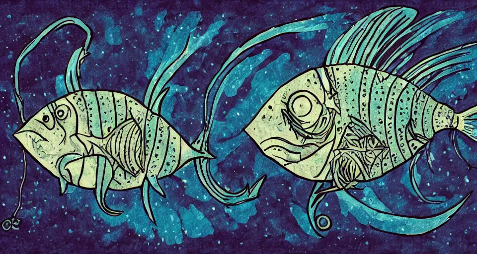 Image similar to illustration of an angler fish, lantern fish, deep sea, stylized linework, ornamentation, artistic, muted color wash