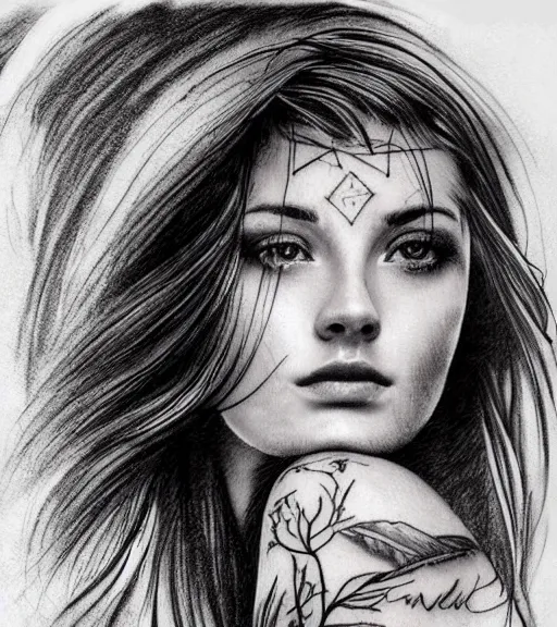 Image similar to tattoo design sketch of a beautiful woman face with a faded background of beautiful mountains and nature on her side, hyper - realistic, in the style of den yakovlev, amazing detail, black and white