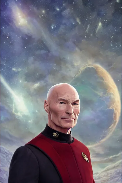 Image similar to portrait photograph of captain picard as a glorious regal space king, sleek outfit, upper body, fantasy, handsome, depth of field, soft focus, highly detailed, intricate, realistic, national geographic cover, soft glow, textured, artstation, concept art, sharp focus, illustration, art by artgerm and greg rutkowski and alphonse mucha